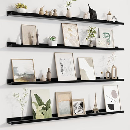 Picture Ledge Shelf for Wall, Floating Shelves Set of 4, 48 Inch Long Nursery Book Shelves for Toys Storage, Kids Bookshelf Wall Mounted for Books Photo Frames, Black