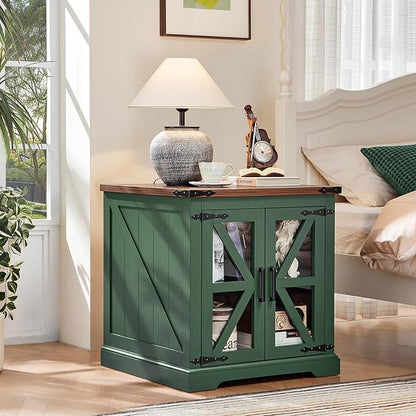 24" End Table Set of 2 with Charging Station, Farmhouse Night Stand with Glass Barn Door, Nightstands with Adjustable Storage Shelf, Large Wood Square Bed Side Table for Living Room, Bedroom