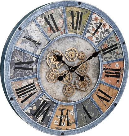Unique Moving Gear Large Round Wall Clock 21inch-Battery Powered. Retro Industrial Steampunk Country Farmhouse Decor for Living Room Kitchen Bars cafes Offices(Blue/metal/21)