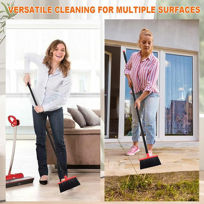 Small Broom Stiff Bristles Brush with Long Handle Indoor or Outdoor Compact Broom for Sweeping Patio Garage Garden,Deck,Concrete Floor,Bathroom (Red)