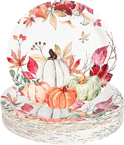 AllReal Fall Pumpkins Paper Plates Rustic Pumpkin Leaves Disposable Party Plate 7" Thanksgiving Autumn Dessert Plate for Birthday Baby Shower Party Supplies Table Decor (24)