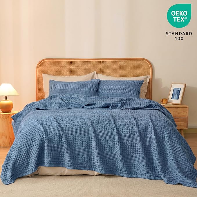 PHF 100% Cotton Waffle Weave Blanket King Size, Soft Lightweight Breathable Cozy Summer Blankets for Bed, Luxury Aesthetic Woven Bedding for Home Decor, 108"x90", Captain's Blue