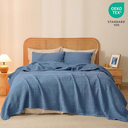 PHF 100% Cotton Waffle Weave Blanket King Size, Soft Lightweight Breathable Cozy Summer Blankets for Bed, Luxury Aesthetic Woven Bedding for Home Decor, 108"x90", Captain's Blue