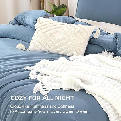 Litanika Comforters Grayish Blue Oversized Queen Size, 3 Pieces Lightweight Solid Bedding Comforter Set, All Season Fluffy Bed Set (98x98In Comforter & 2 Pillowcases)
