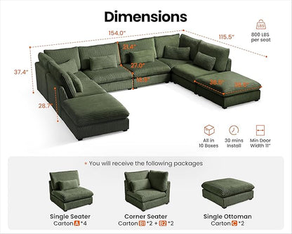 Oversized Modular Sofa, Extra Deep Cloud Corduroy Sectional Couch with Ottoman Chaise, Fluffy Chenille 8 Seater Couch Bed for Living Room, Villa (Sofa Bed 8 Seater, Corduroy Green)