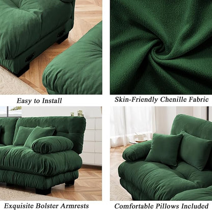 Modular Sectional Sofa, Comfy Cloud Couch 4 Seater Couch with Ottoman, Sectional Couches for Living Room, Modern Chenille L Shaped Couches, Sleeper Deep Seat Sofa with Throw Pillows, Green