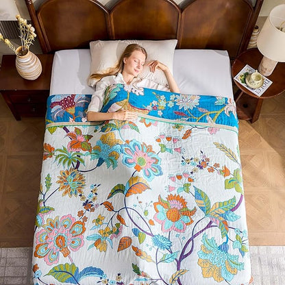 Summer Throw Blanket, 50"x60" Reversible Bohemian Flower Blanket, 100% Cotton Muslin Breathable Woven, Farmhouse Decorative Throw Blanket