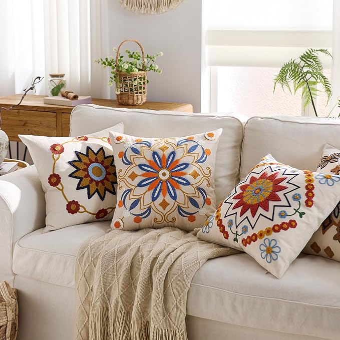 Embroidered Throw Pillow Cover 18x18 Classic Boho Floral Pattern Pillows Cover Outdoor Decorative Pillowcase,Durable Cozy Textured Cushion Case for Sofa Couch Bed Living Room,Orange Blue