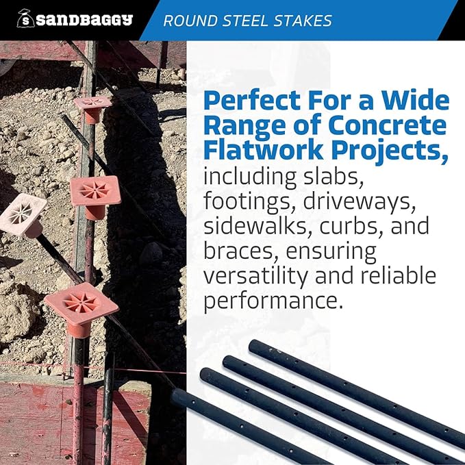 Sandbaggy Round Steel Concrete Form Stakes with Nail Holes - Rust Resistant Coating - Removable, Reusable (5, 3/4 in X 48 in)
