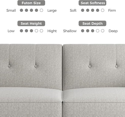 89” Futon Sofa Bed, Linen Comfy Futon Couch Bed with 2 Square Pillows, Convertible Sleeper Sofa with Adjustable Backrest& Armrests, Modern Loveseat Sleeper for Living Room, Bedroom, Light Gray