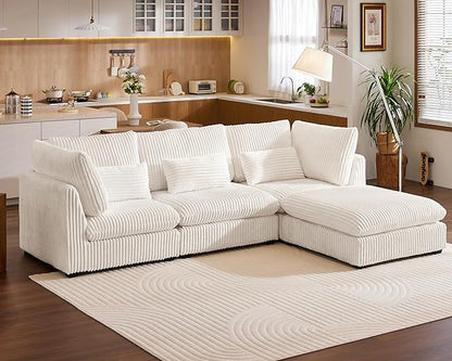 Oversized Modular Sofa, Extra Deep Cloud Corduroy Sectional Couch with Ottoman Chaise, Fluffy Chenille 4 Seat L-Shaped Sofa for Living Room, Villa (L Shape 4 Seater, Corduroy White)