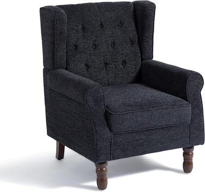 Accent Chair, Upholstered Armchair with Button Tufted High Back & Solid Wood Legs, Comfy Wingback Reading Single Sofa Chair for Small Spaces, Living Room, Bedroom (Blue, Set of 2)