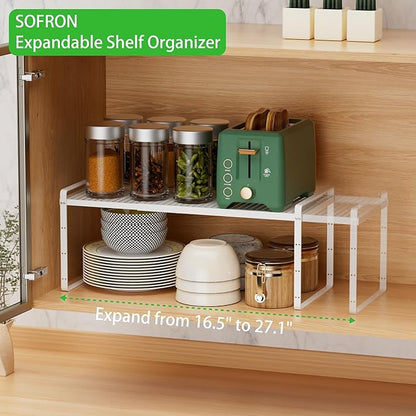 Expandable Cabinet Storage Shelf Stackable Organizer Rack for Kitchen Bathroom Pantry Spice Cupboard Coffee Countertop Home Office Desk Heavy Duty Nonslip White Large 1 Pack