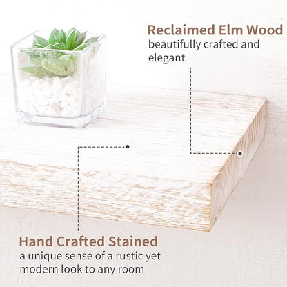 Rustic Elm Wood Floating Shelves - 72'' W x 8" D Wall Mounted Mantel Shelf with Invisible Bracket, Large Long Storage Shelves for Living Room, Bedroom, Kitchen, Bathroom, White Wash