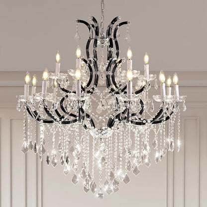 Large Black Crystal Chandelier Light Fixtures, 18 Lights Modern Crystal Chandeliers for Dining Room,Staircase Hallway Living Room Entryway,2 Layers 41'' Foyer Chandelier