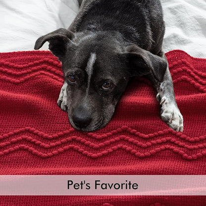 MIULEE Red Knitted Throw Blanket for Couch Boho Textured Cozy Woven Blanket with Tassels for Sofa Chair Bed Living Room Acrylic Wave Pattern 50"x60"