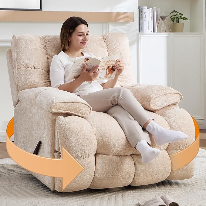 Oversized Recliner Chair Manual Swivel Rocker Recliner for Living Room Chenille Overstuffed Nursery Reclining Sofa Chair Rocking Recliners for Adults 400lbs (Manual, Beige)