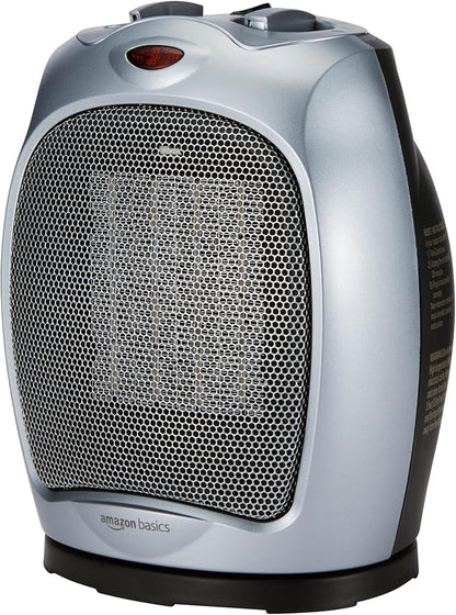 Amazon Basics Oscillating Ceramic Space Heater, Portable Indoor Heating Solution, With Overheat and Tip-Over Protection, Thermostat, 1500W, 7.52"D x 6.34"W x 9.45"H, Silver