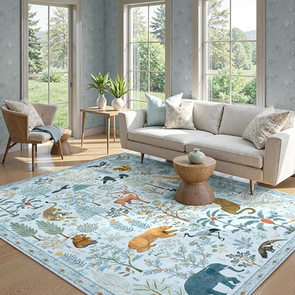 OJIA Animal Area Rugs 8x10, Soft 8x10 Washable Rugs for Living Room Bedroom, Non-Slip Boho Ultra-Thin Dining Room Rug Large Throw Carpet for Farmhouse Playroom Office, Light Blue