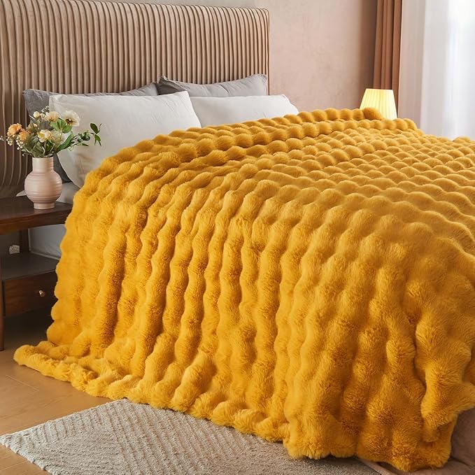 Lotus Karen Faux Fur Throw Blanket Ginger Yellow - Big Bubble Rabbit Fluff Blanket for Couch Bed Sofa,Softest Fluffy Fuzzy Cozy Blanket,Thick Furry Plush Shaggy Warm Blankets for Women,108x90 Inches