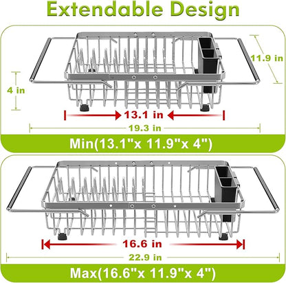 Dish Drying Rack in Sink, Expandable Stainless Steel Dish Drainer for Kitchen Sink, Dish Strainer Rack, Retractable Over Sink Dish Rack with Utensil Holder, 13.1''~16.6''D x 11.8''W, Silver