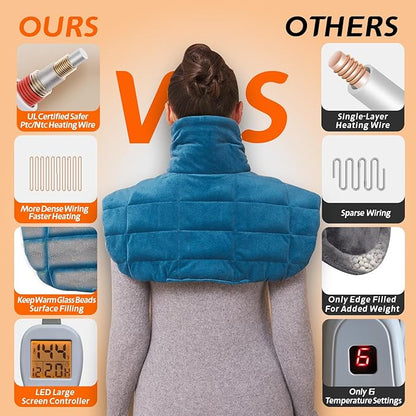 Ruqiji 19" x 24" Weighted Neck&Shoulder Heating Pad, 2.5lbs with 12 Temperature Settings&Countdown timer,Pain Relief for Neck/Shoulders/Menstrual Pain, Christmas Gifts for Women Men Mom Dad(Gray/Blue)