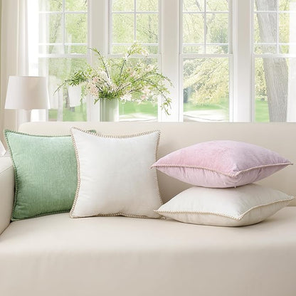 decorUhome Chenille Soft Throw Pillow Covers 24x24 Set of 2, Farmhouse Velvet Neutral Decorative Euro Pillow Covers with Stitched Edge for Couch Sofa Bed Home Decor, Cream White