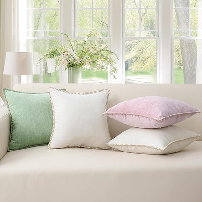 decorUhome Chenille Soft Throw Pillow Covers 16x16 Set of 2, Farmhouse Velvet Neutral Decorative Euro Pillow Covers with Stitched Edge for Couch Sofa Bed Home Decor, Blush Pink