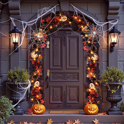 SHareconn 9FT Halloween Garland with Purple Lights Battery Operated and Timer, Pre-Lit Black Red Maple Leaves Lighted Garland Decorations for Fireplace Mantle Centerpiece Indoor Outdoor Decor, 9 FT