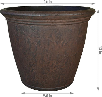 Sunnydaze 15.25-Inch Anjelica Large Plastic Pot for Plants - Outdoor Polyresin Round Planter with Drillable Drainage Holes - Rust - 4pk