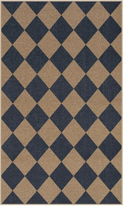 Lahome Checkered Easy Jute Entryway Rug, 3x5 Washable Area Rugs for Living Room Outdoor Patio, Non Slip Blue Indoor Door Mat Checkerboard Throw Carpet for Entry Front Door Guestroom Deck