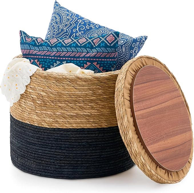 Wimarsbon 18'' Ottoman Pouf, Natural Braided Poof, Rustic Handweave Lounge Pouffe, Boho Footrest Stool for Bedroom, Accent Table for Living Room (Storage - 18inch Cattail+Black Corn Husk L)
