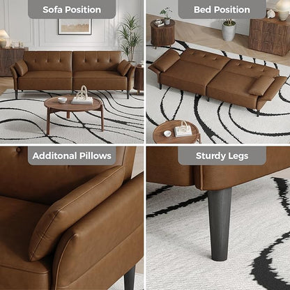 89” Futon Sofa Bed, Faux Leather Futon Couch Bed with 2 Square Pillows, Convertible Sleeper Sofa with Adjustable Backrest& Armrests, Modern Loveseat Sleeper for Living Room, Bedroom, Brown