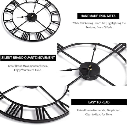 LEIKE 16" Large Wall Clocks Battery Operated, Round Modern Silent Non-Ticking Black Metal Wall Clock for Living Room Decor, Bedroom Kitchen (40cm Diameter, Black Roman Number)