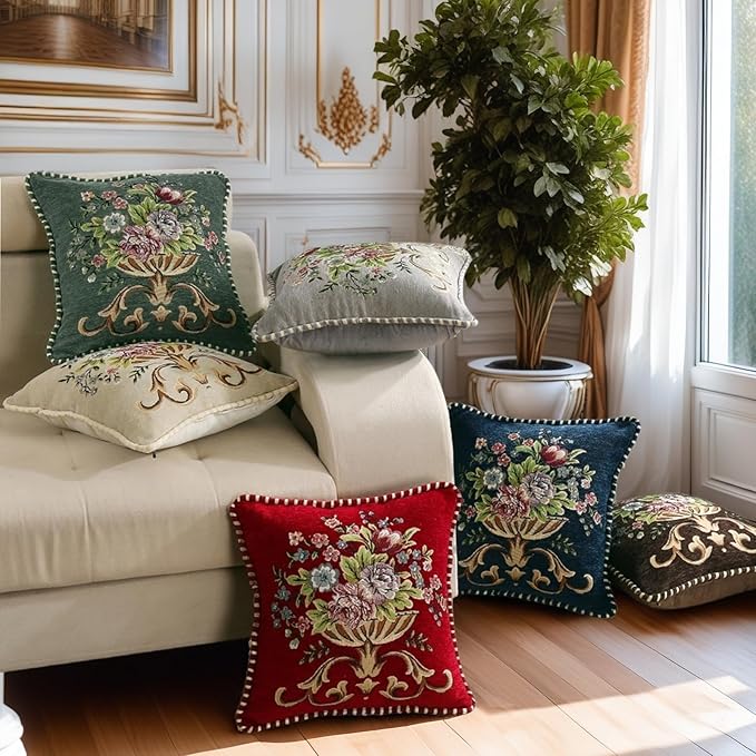 Set of 2 Brown Vintage Embroidered Throw Pillow Covers 18x18in，Floral Embroidered Cushion Cover for Sofa Couch Bed Burgandies Pillow Cover Brown