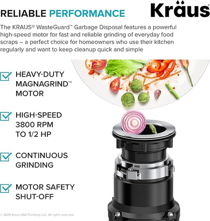 KRAUS WasteGuard 1/2 HP Continuous Feed Ultra-Quiet Motor Garbage Disposal with Quick Connect Mount, Power Cord and Flange Included, KWD110-50MBL