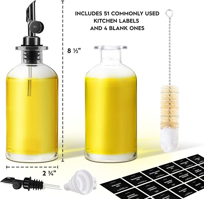 Olive Oil Dispenser Bottle - Includes 55 Kitchen Essential Labels - Cooking Oil Bottles for Kitchen, Coffee Syrup Dispenser - Pourer Spout with 11.8 fl oz Glass Container Cruet - 2pcs, Black