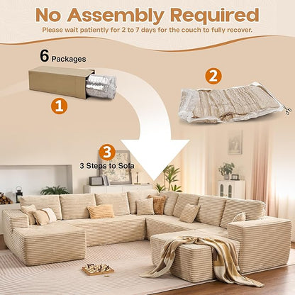 Cloud Sectional Couches for Living Room,G Shaped Modular Sofas No Assembly,135x133 Inches Plush Corduroy Oversized Floor Couch Set with Deep Seat Chaise,Beige