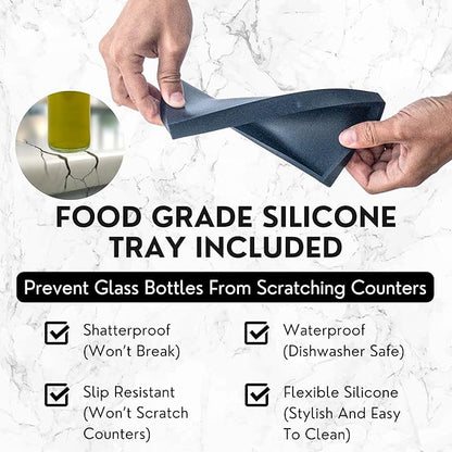 Olive Oil Dispenser Set With Silicone Tray & 40 Labels - 2 Black Bottles (500ml / 17oz) for Kitchen, Soy Sauce, Coffee Syrup
