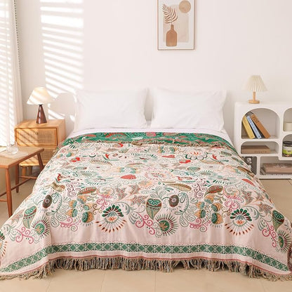 Snycler Cotton Bed Throw with Tassels, Double-Sided Bohemian Spring Flowers Plants Throws for Sofas, 60x80 inch Woven Warm Blanket for Single Sofa, Bedspread and Settee Couch Travel Green