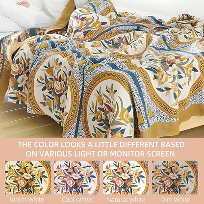 Boho Throw Blanket for Bed - 100% Pure Cotton Ultra Soft Rustic Quilt - Farmhouse Decor Bed Blankets, All Season Rustic Throw for Sofa Couch Chair(60"×80", Floral)