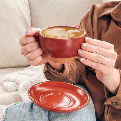Mora Ceramic Latte Art Mug With Saucer - 10.5 oz, Round Bottom For Perfect Pours - Cafe Cups for Cappuccino, Espresso, Coffee, Tea etc - Porcelain Set for Baristas, Great Gift - Crimson Red