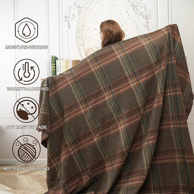 YOUR MOON 100% Pure Merino Wool Twin Size, Australian Organic Natural Wool Blanket, Hypoallergenic Wool Blanket for Bed, Medium Weight(Plaid Brown, 66 * 90)