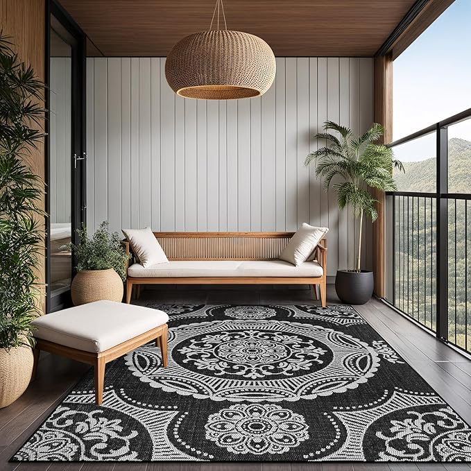 Medallion Outdoor Rug 5x7 Washable Outside Carpet for Indoor Patio Porch Waterproof Easy Cleaning Non Shedding Area Rugs Black 5 x 7