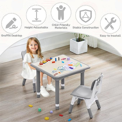 Toddler Table and Chair Set, Height Adjustable-Upgrade Kids Table and 2 Chairs for Ages 3-8, Multi-Activity Toddler Play Table with Graffiti Desktop for Home/Daycare/Classroom