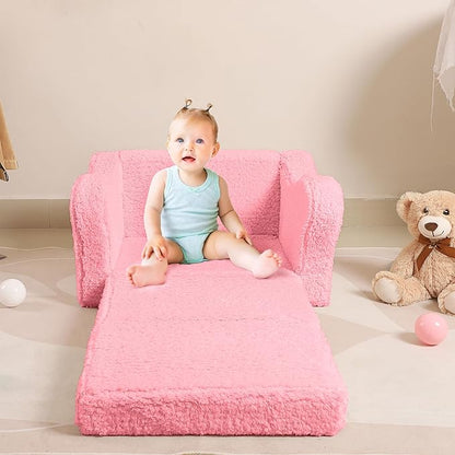 Kids Chairs for Toddler, 2-in-1 Toddler Soft Sherpa Couch Fold Out, Convertible Sofa to Lounger for Girls and Boys, Pink