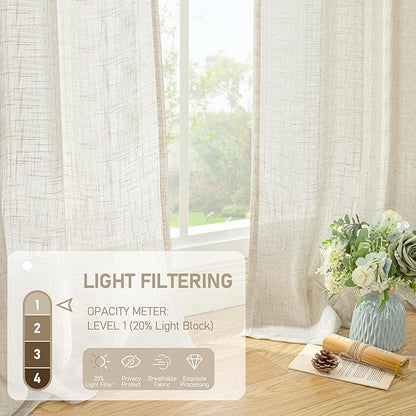LAMIT Natural Ivory Linen Semi Sheer Curtains 84 inch Length, Cream Light Filtering Soft Thick Neutral Living Room Drapes with Bronze Grommet for Bedroom/Farmhouse, 2 Panels, 52 x 84 Inch