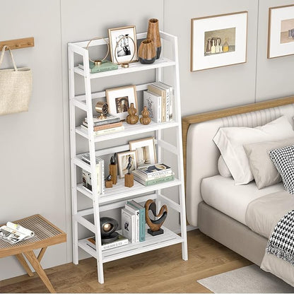 Homykic Bamboo White Bookshelf 4-Tier Ladder Shelf, 49.2” Freestanding Open Bookcase Book Shelf Bathroom Storage Shelf Unit Plant Stand for Small Space, Bedroom, Living Room, Home Office