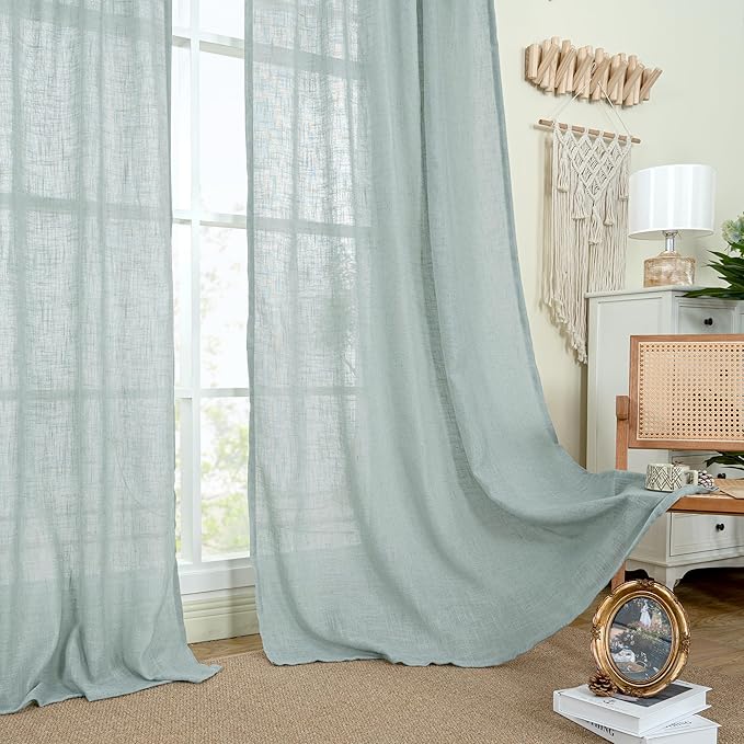 LAMIT Greyish Blue Linen Curtains 45 Inches Long for Bedroom, Light Filtering Panels Bronze Grommet Neutral Drapes for Kitchen/Window/Loft Room, 34 x 45 Inch, 2 Panels