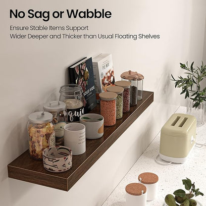 Floating Shelves for Wall, 24" W x 6.7" D x 1.5" H, Wooden Wall Mounted Display Shelves with Invisible Brackets for Living Room, Bedroom, Bathroom, Kitchen Decor and Storage, Set of 2, Walnut